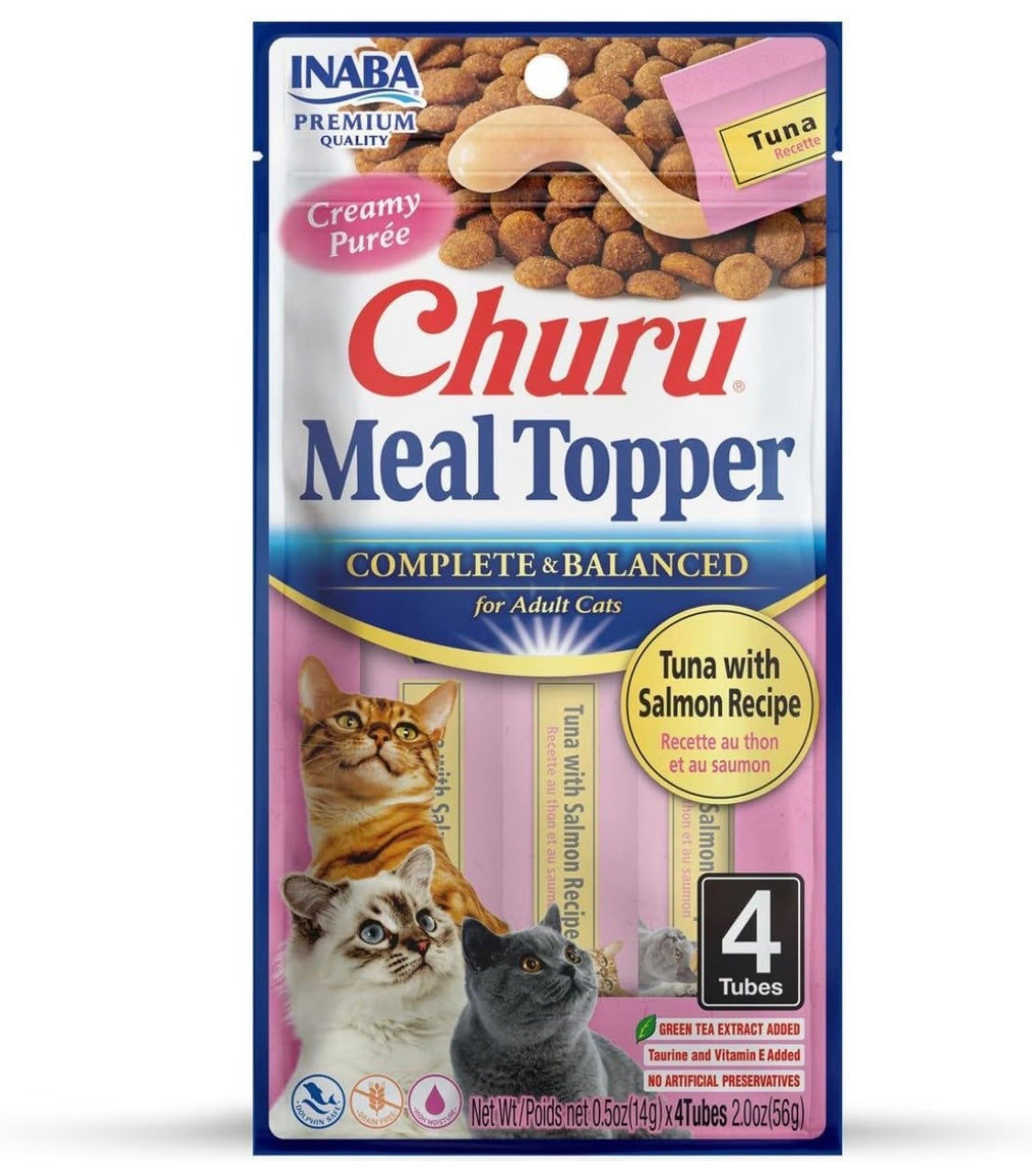 INABA Churu Meal Topper for Cats, Complete & Balanced, Creamy, Lickable Purée Cat Food Topper, 0.5 Ounce Tube, 4 Tubes (4 per Pack), Tuna with Salmon Recipe