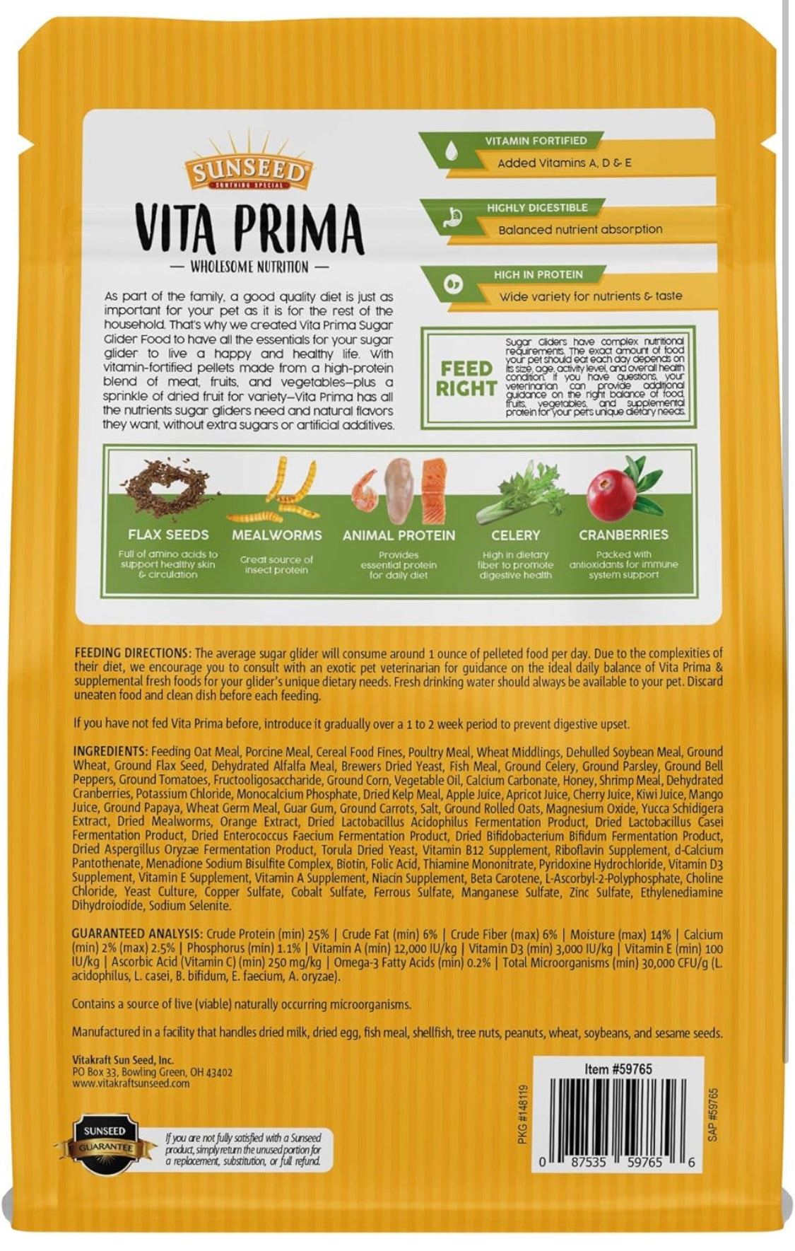 Sunseed Vita Prima Wholesome Nutrition Sugar Glider Food, 1.75 LBS