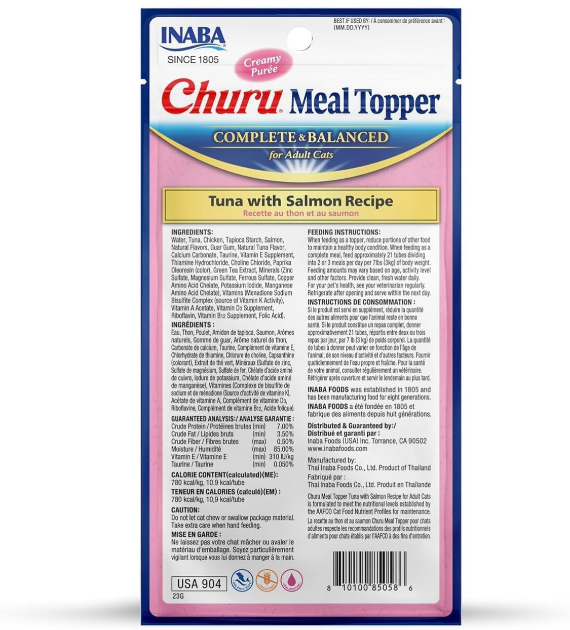 INABA Churu Meal Topper for Cats, Complete & Balanced, Creamy, Lickable Purée Cat Food Topper, 0.5 Ounce Tube, 4 Tubes (4 per Pack), Tuna with Salmon Recipe