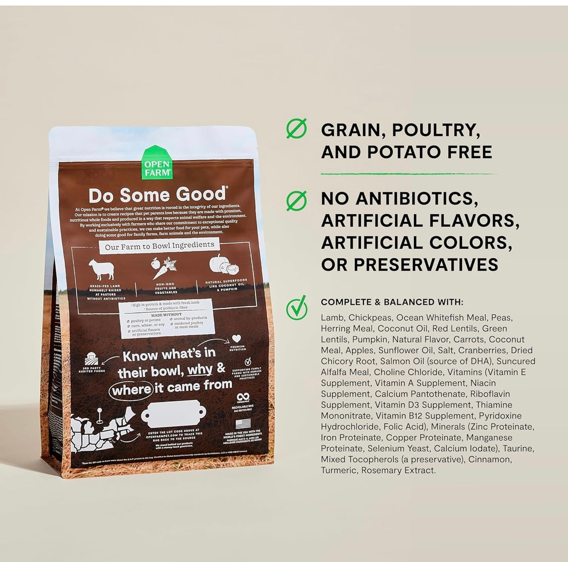 Open Farm, Grain-Free Dry Dog Food, Complete & Balanced Kibble, Sustainably & Ethically Sourced Ingredients, Non-GMO Veggies & Superfoods Support Overall Health, Pasture Raised Lamb Recipe, 4lb Bag