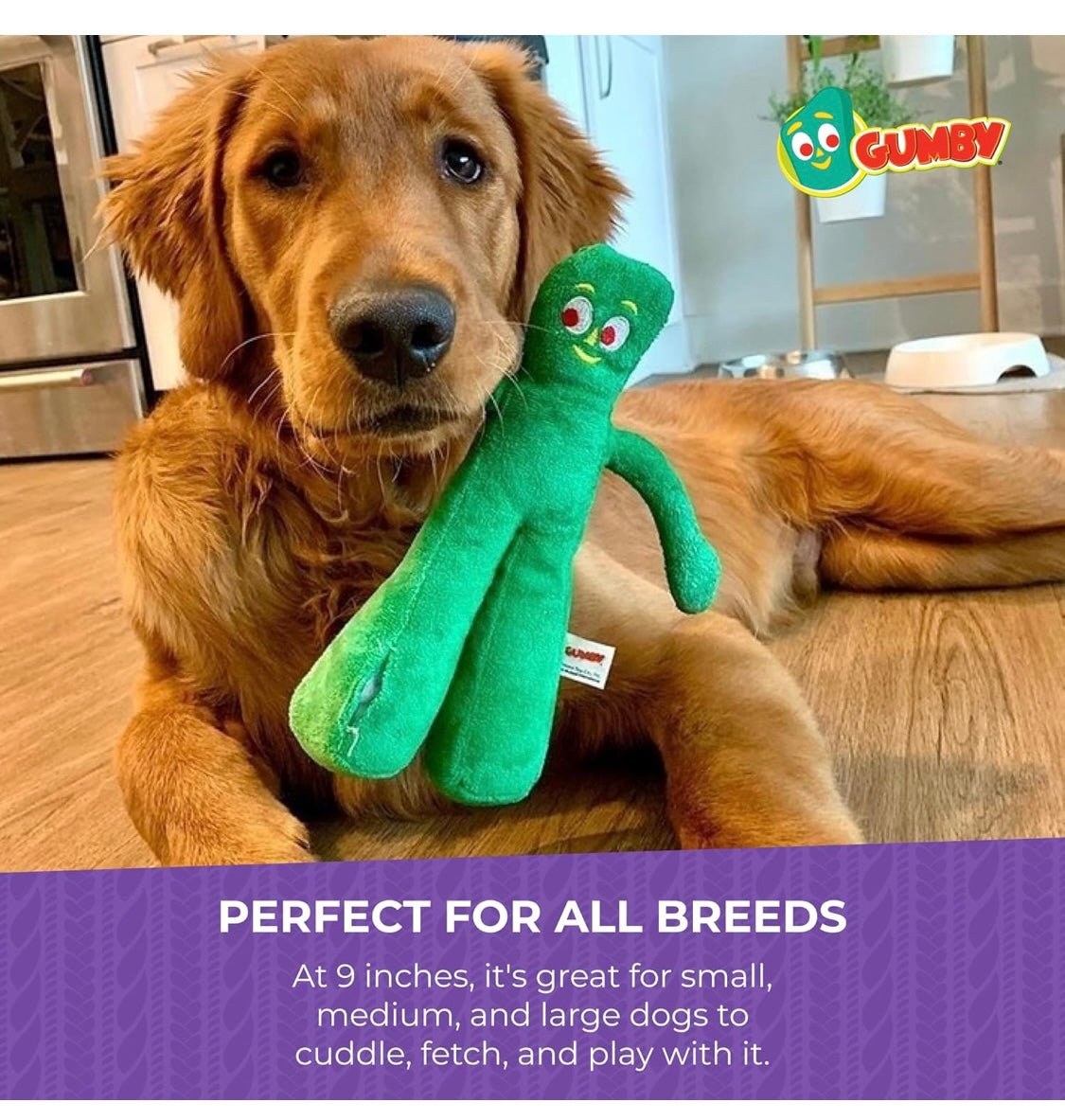Multipet Gumby Dog Plush Toy - Squeaky Toy for All Dogs - Extra Soft Plush w/ Flexible Legs & Arms - Stuffed Animal for Cuddling & Playing - Cute Dog Pet Toy (9", Green)