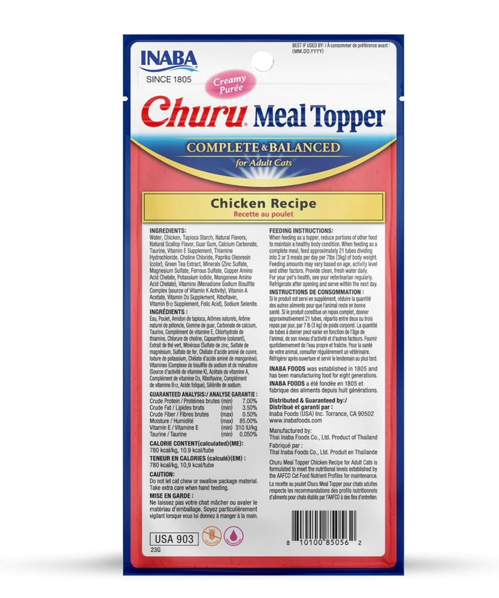 INABA Churu Meal Topper for Cats, Complete & Balanced, Creamy, Lickable Purée Cat Food Topper, 0.5 Ounce Tube,(4 per Pack), Chicken Recipe