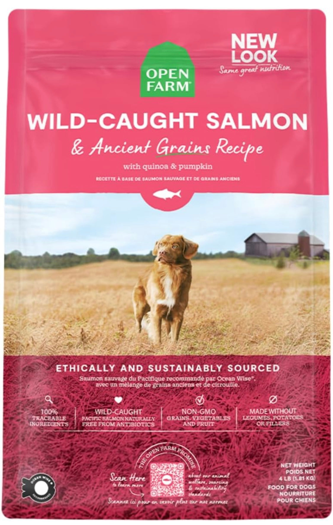 Open Farm, Ancient Grains Dry Dog Food, Protein-Rich & Nutrient Dense, 90% Animal Protein Mixed with Non-GMO Fruits, Veggies and Superfoods, Wild Caugh Salmon Recipe, 4lb Bag