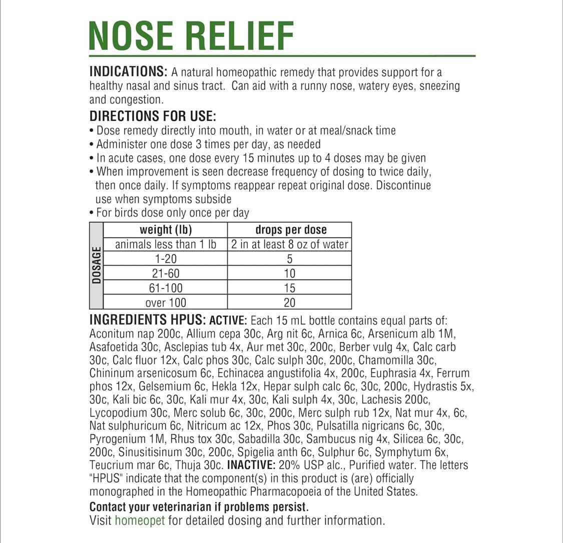 HomeoPet Nose Relief, Safe and Natural Nasal and Sinus Medicine for Cats, Dogs, and Other Small Animals, Pet Congestion Medicine, 15 Milliliters