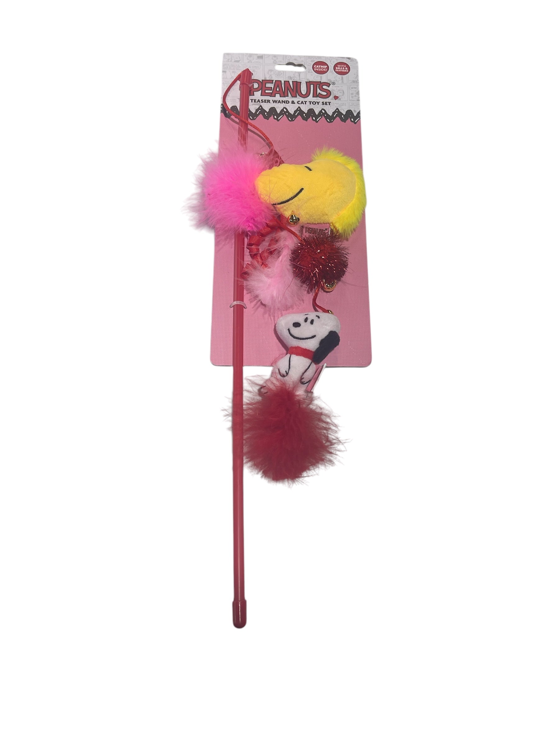peanuts catnip with bells and feathers teaser wand and cat toy